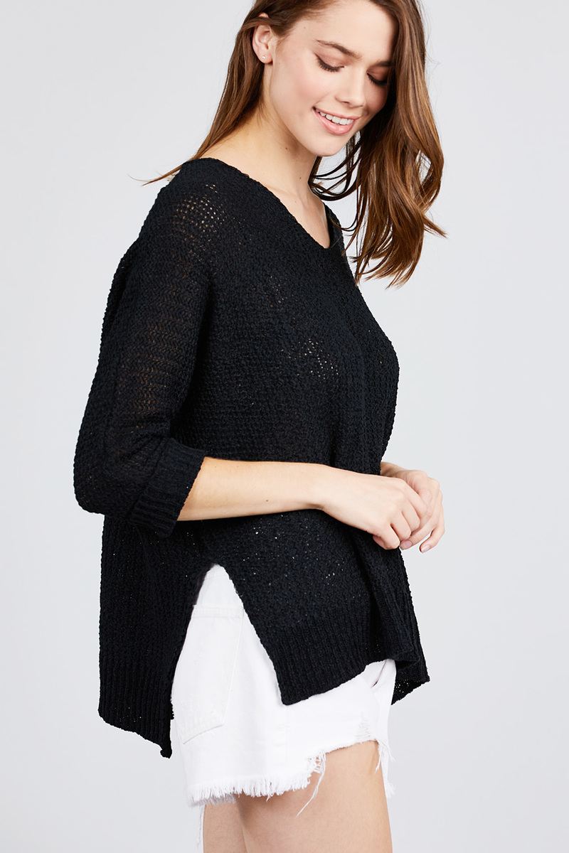 3/4 Sleeve Side Slits Fish Net Sweater Top