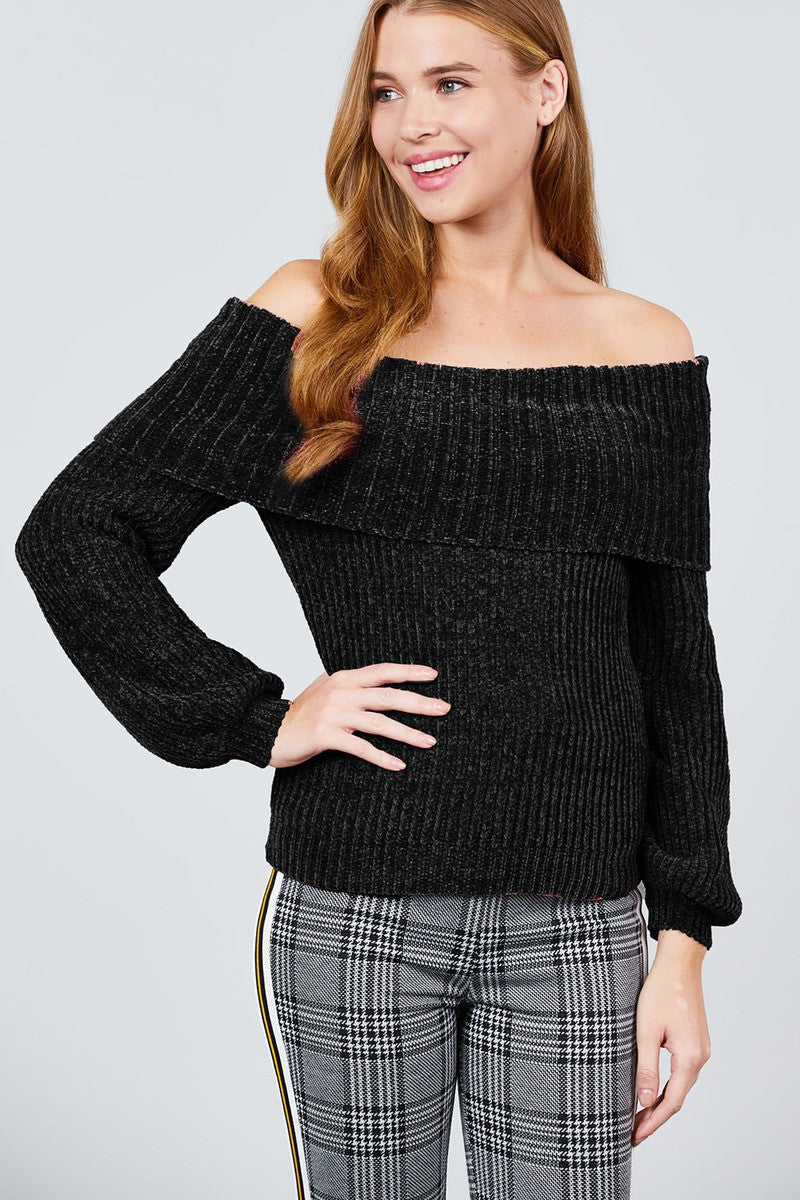 Long Sleeve Fold Over Off The Shoulder Chenille Sweater