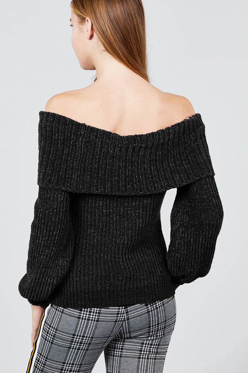 Long Sleeve Fold Over Off The Shoulder Chenille Sweater