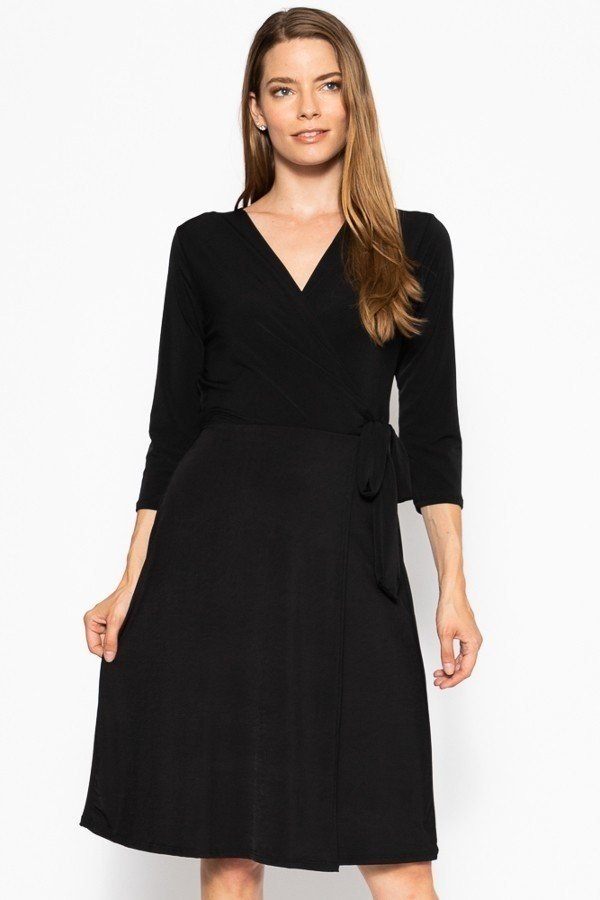 Cute Midi 3/4 Sleeve Dress With A Overlapping V-neck Line And A Belted Waist