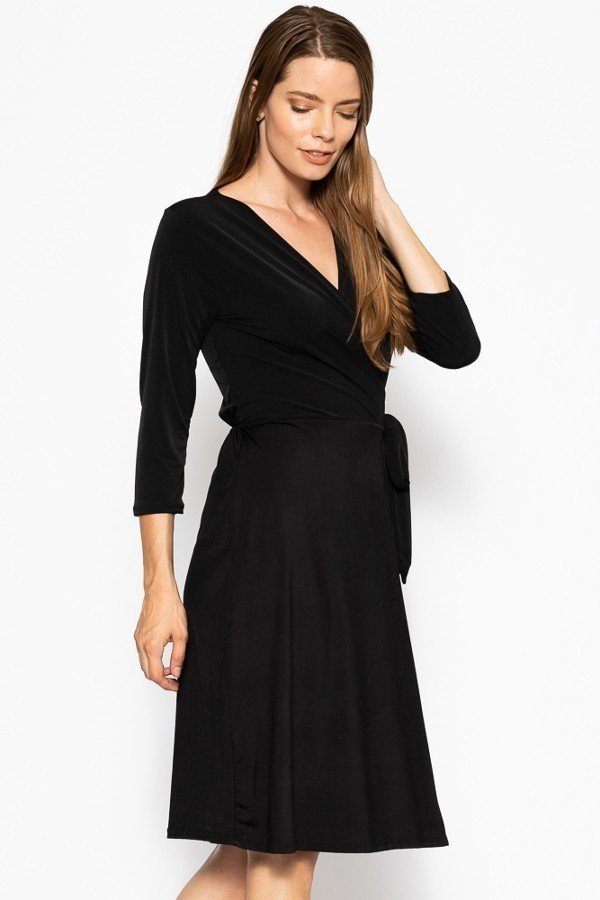 Cute Midi 3/4 Sleeve Dress With A Overlapping V-neck Line And A Belted Waist
