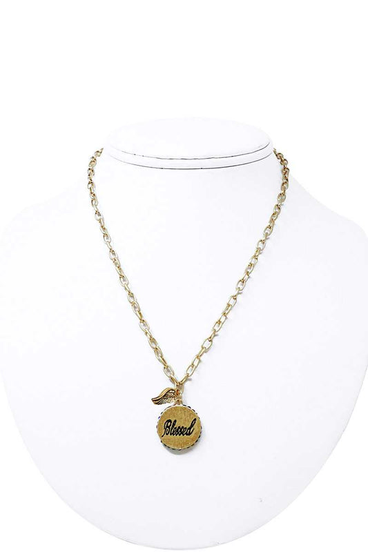 Fashion Side Rhinestone Circle Blessed Pendant And Wing Necklace