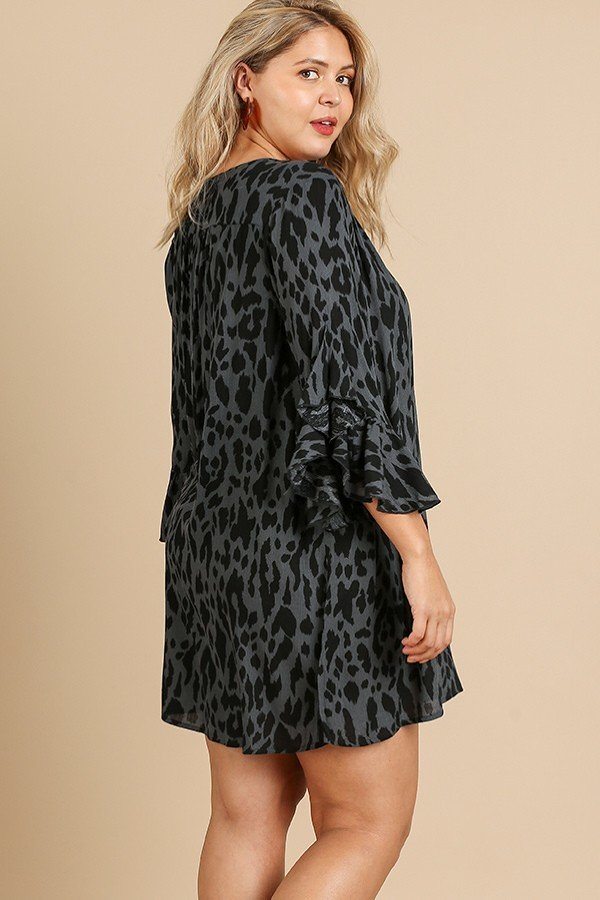 Animal Print Ruffle Split Sleeve Split Neck Dress