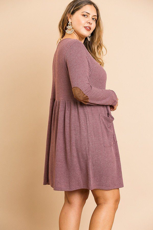 Waffle Knit Long Sleeve Round Neck Faux Button Front Babydoll Dress