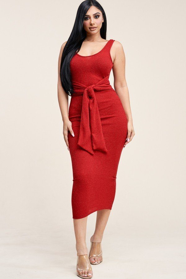 Embellished Rib Knit Sleeveless Midi Dress