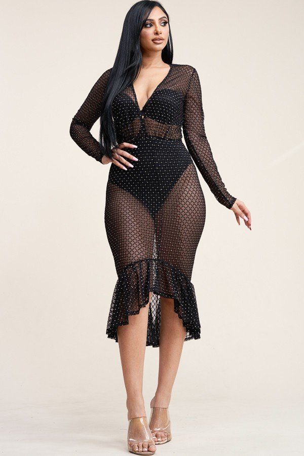 Long Sleeve Burnout Mesh Mermaid Dress With Panty Lining