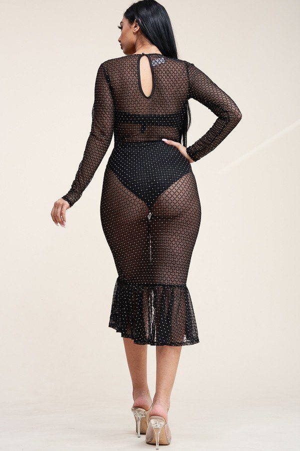 Long Sleeve Burnout Mesh Mermaid Dress With Panty Lining