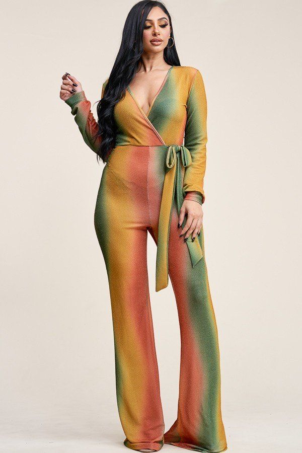 Multi Color Metallic Nylon Long Sleeve Jumpsuit