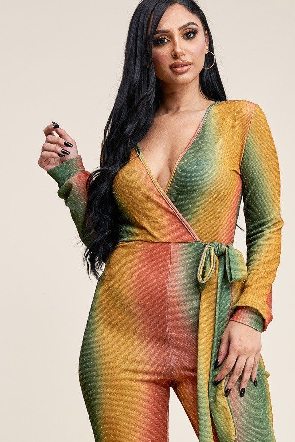 Multi Color Metallic Nylon Long Sleeve Jumpsuit