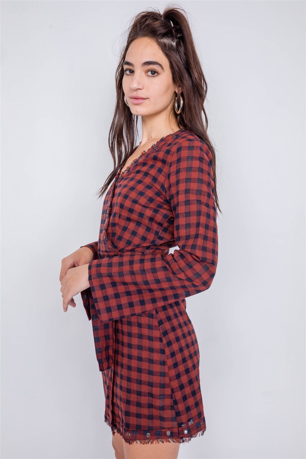 Plaid Checkered Grommet Raw Hem Mini Dress