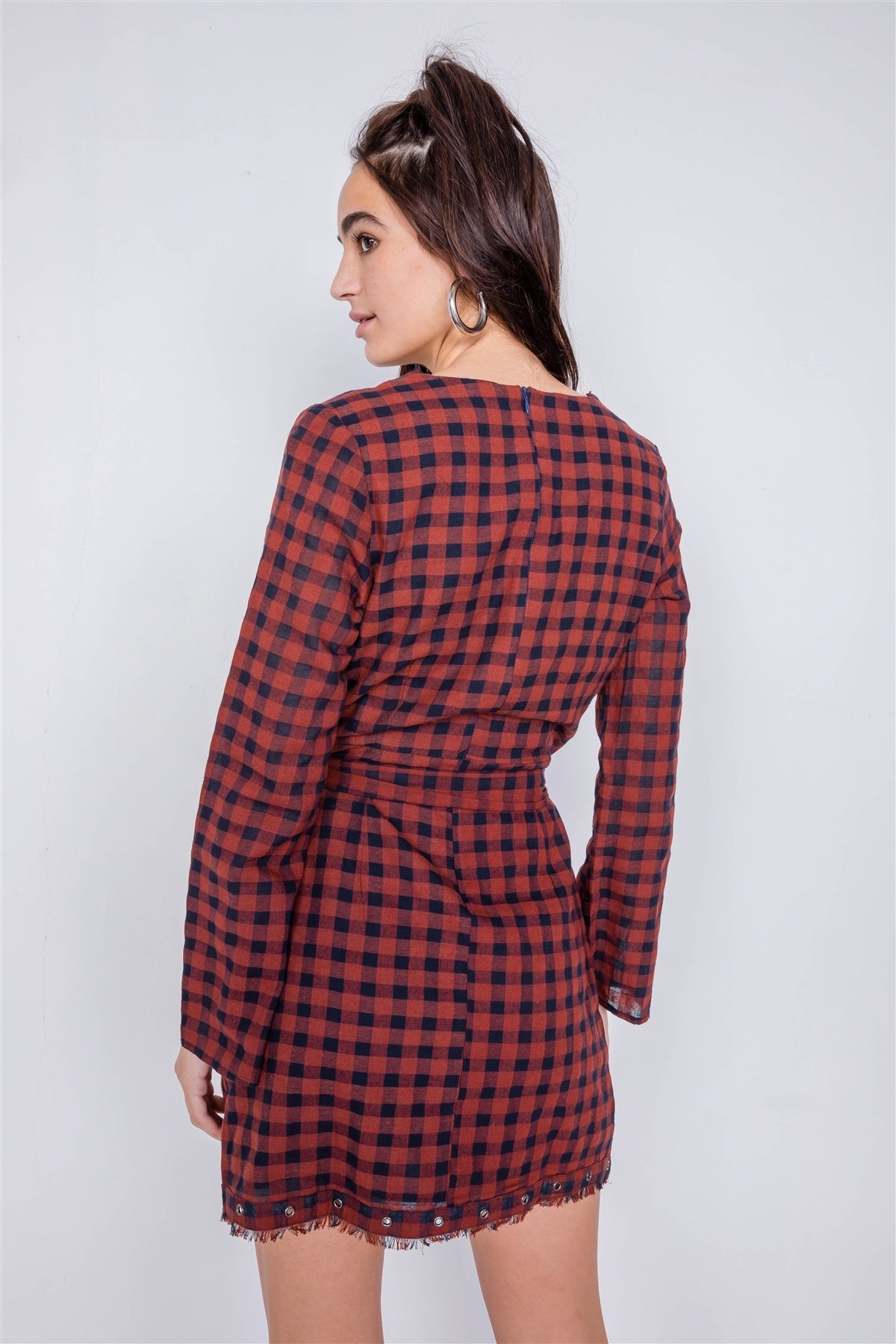 Plaid Checkered Grommet Raw Hem Mini Dress