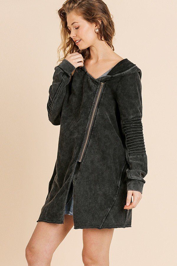 Washed Long Moto Sleeve Open Front Hooded Jacket