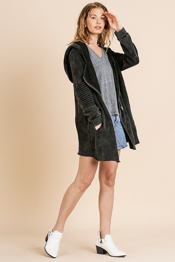 Washed Long Moto Sleeve Open Front Hooded Jacket