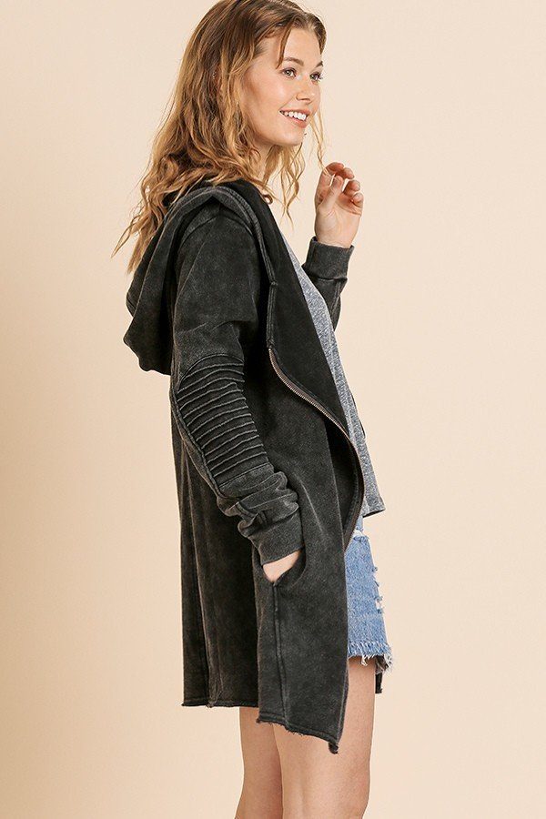 Washed Long Moto Sleeve Open Front Hooded Jacket