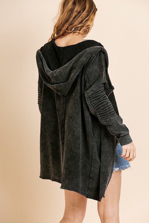 Washed Long Moto Sleeve Open Front Hooded Jacket