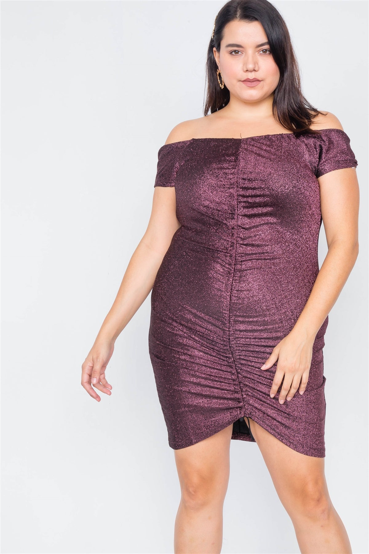 Plus Size Ruched Draw String Center Mini Glitter Dress