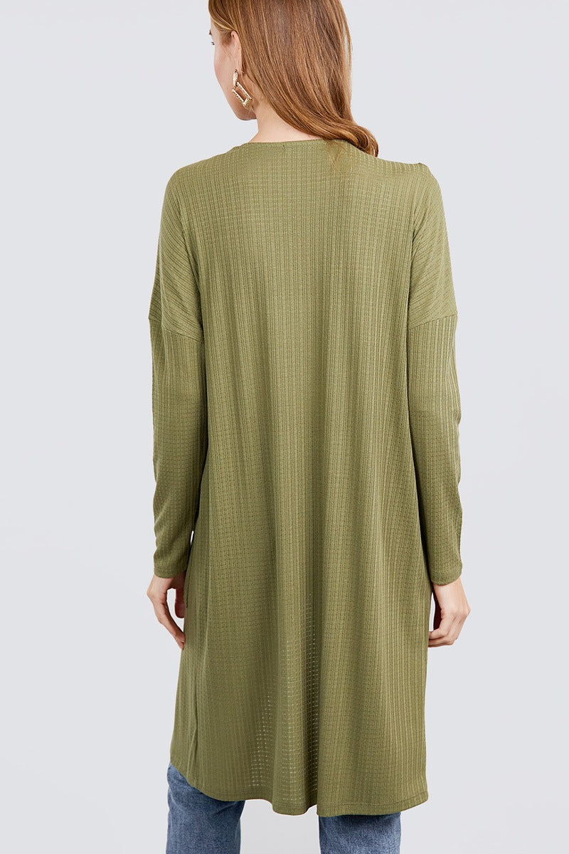 Long Dolman Sleeve Open Front W/pocket Pointelle Rib Long Cardigan