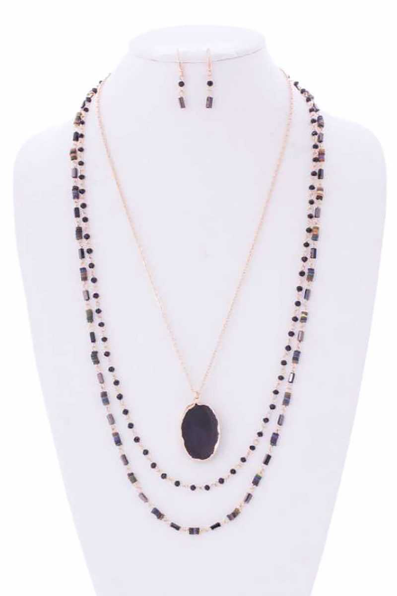 Drusy Stone N Bead 3 Layered Necklace