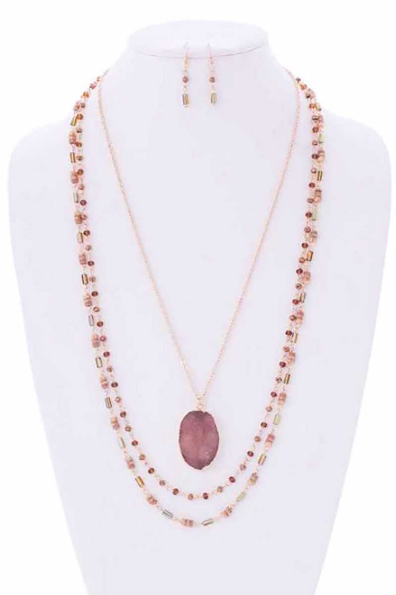 Drusy Stone N Bead 3 Layered Necklace