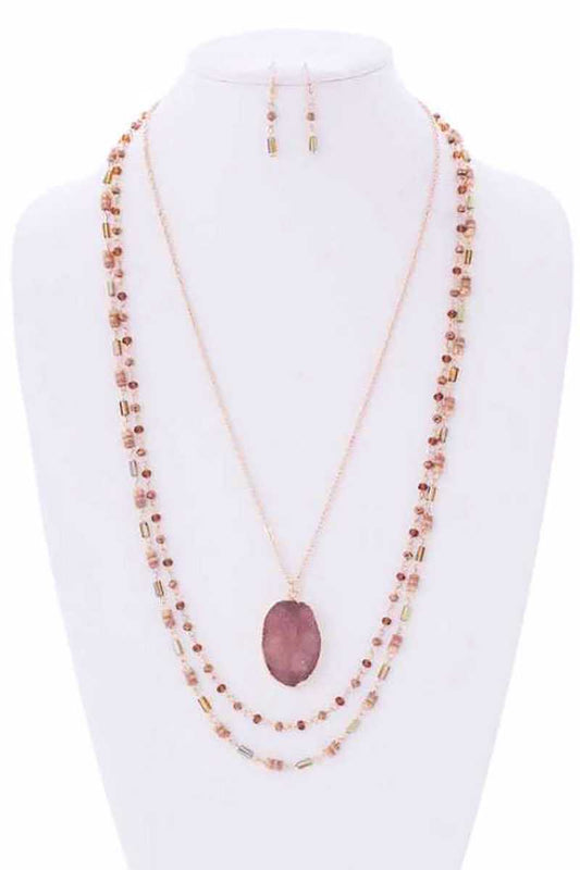 Drusy Stone N Bead 3 Layered Necklace