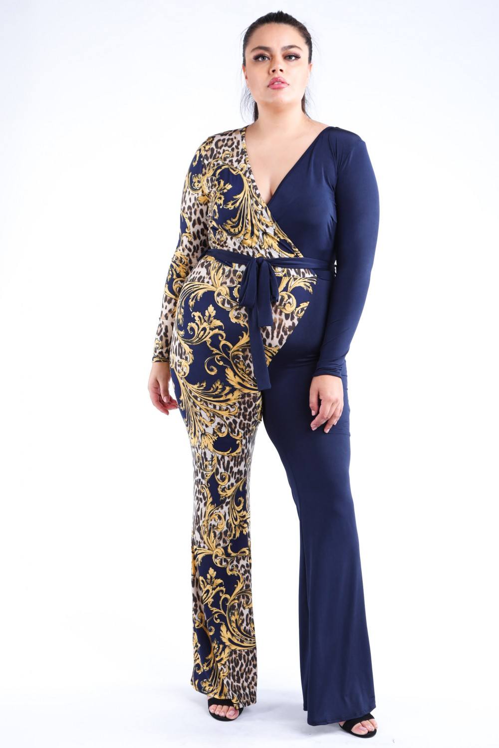 Leopard Paisley Printed Color Blocked Jumpsuit