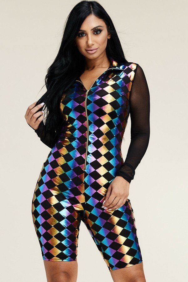 Mesh Long Sleeve Zipper Front Jumpsuit