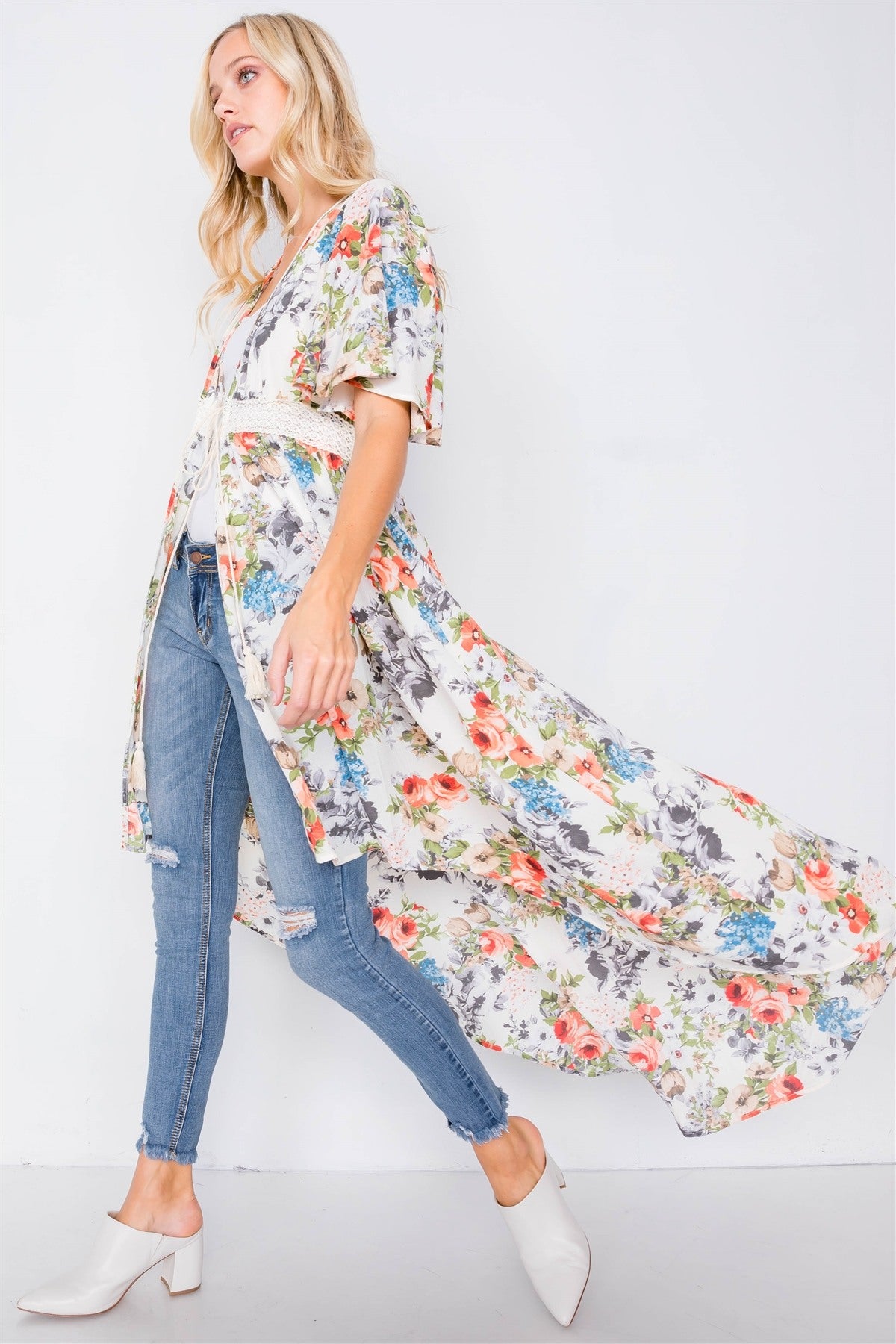Ivory Rose & Blue Floral Print High-low Kimono Cover-up