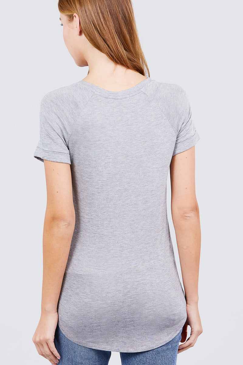 Short Raglan Sleeve Round Neck W/pocket Rayon Spandex Top