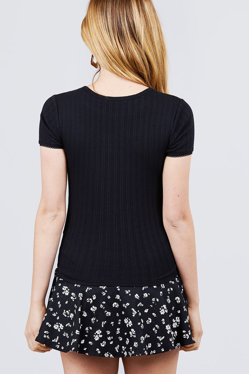 Short Sleeve W/lace Trim Detail Crew Neck Pointelle Knit Top