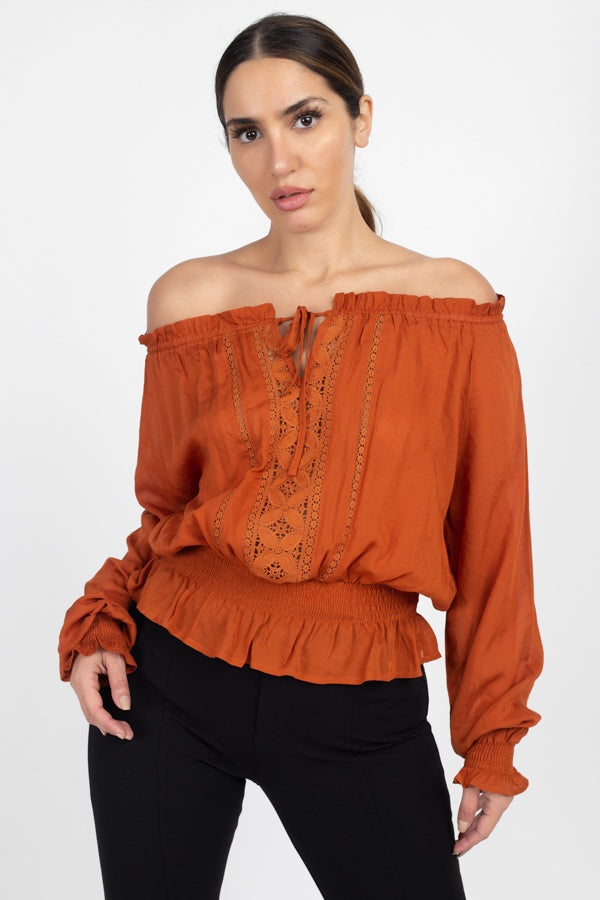 Off Shoulder Embroidered Shirt