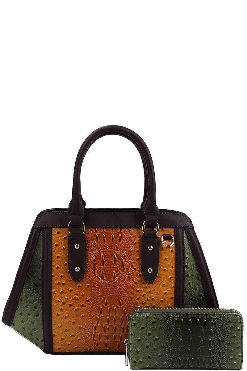 2in1 Two Tone Croco Pattern Satchel With Matching Wallet