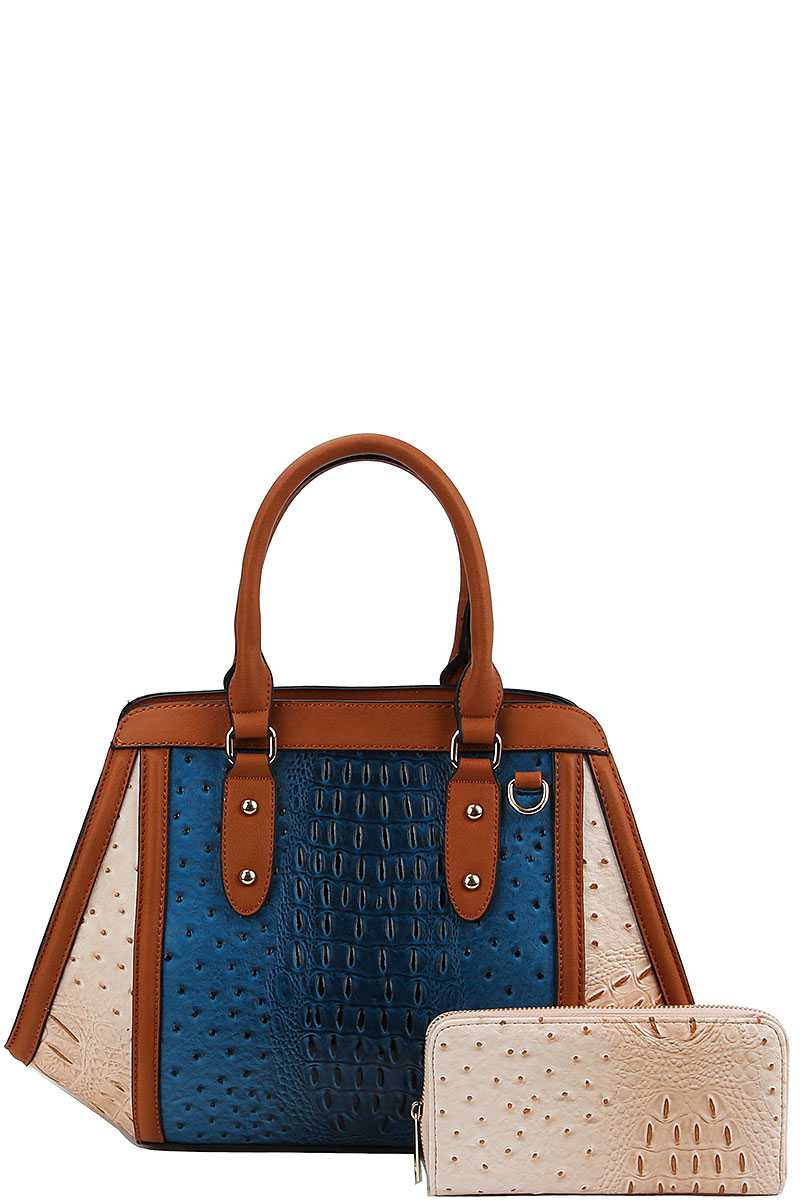 2in1 Two Tone Croco Pattern Satchel With Matching Wallet