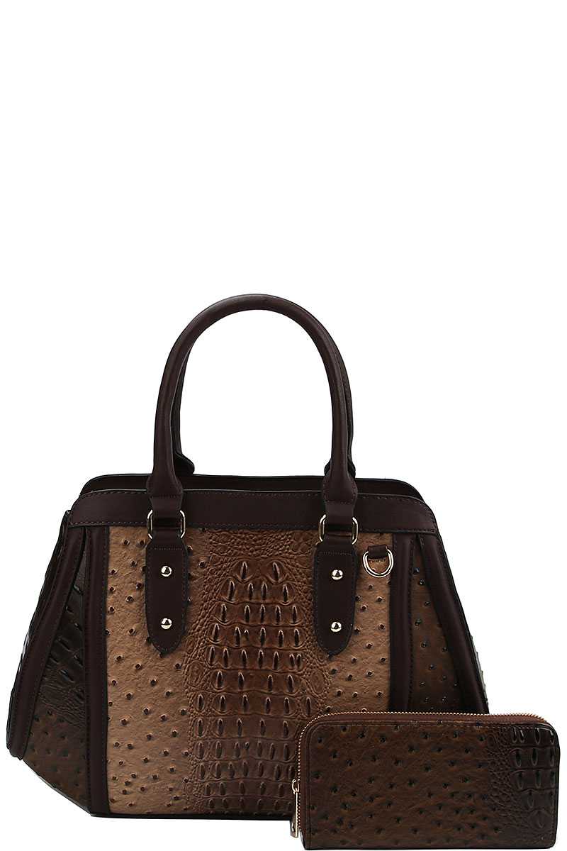 2in1 Two Tone Croco Pattern Satchel With Matching Wallet