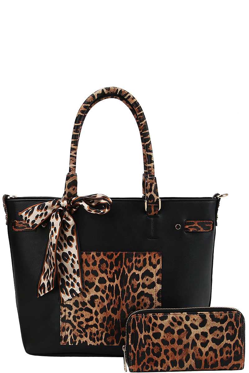 2in1 Leopard Two Tone Scarf Tote Bag With Matching Wallet