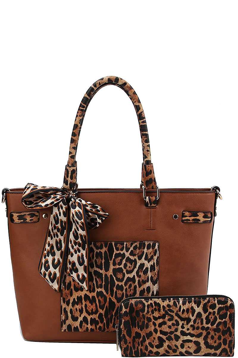 2in1 Leopard Two Tone Scarf Tote Bag With Matching Wallet