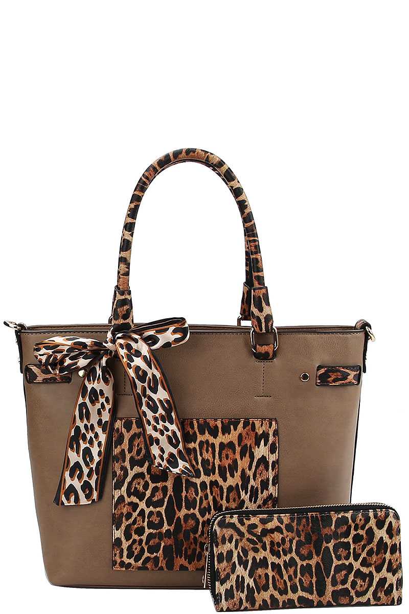 2in1 Leopard Two Tone Scarf Tote Bag With Matching Wallet