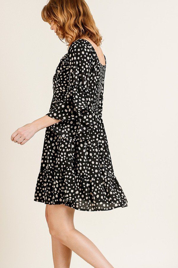 Dalmatian Print Ruffle Bell Sleeve Sweetheart Neckline Dress