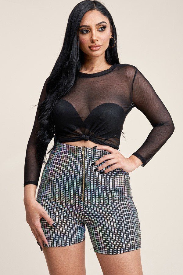 3/4 Sleeve Solid Power Mesh Top And Holographic Shorts