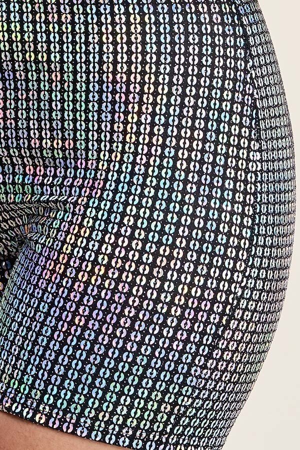 3/4 Sleeve Solid Power Mesh Top And Holographic Shorts