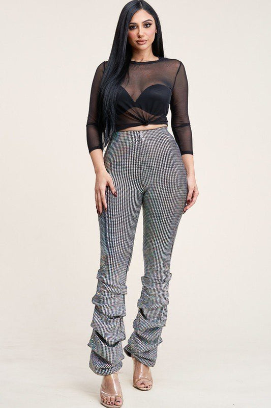 3/4 Sleeve Power Mesh Top And Holographic Stacked Pants