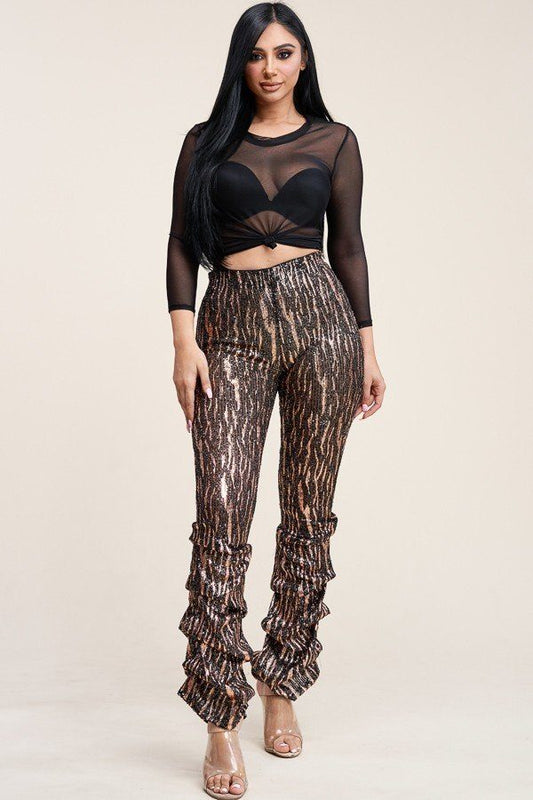 Sequin High Rise Stacked Pant And 3/4 Sleeve Power Mesh Top Two Piece Set