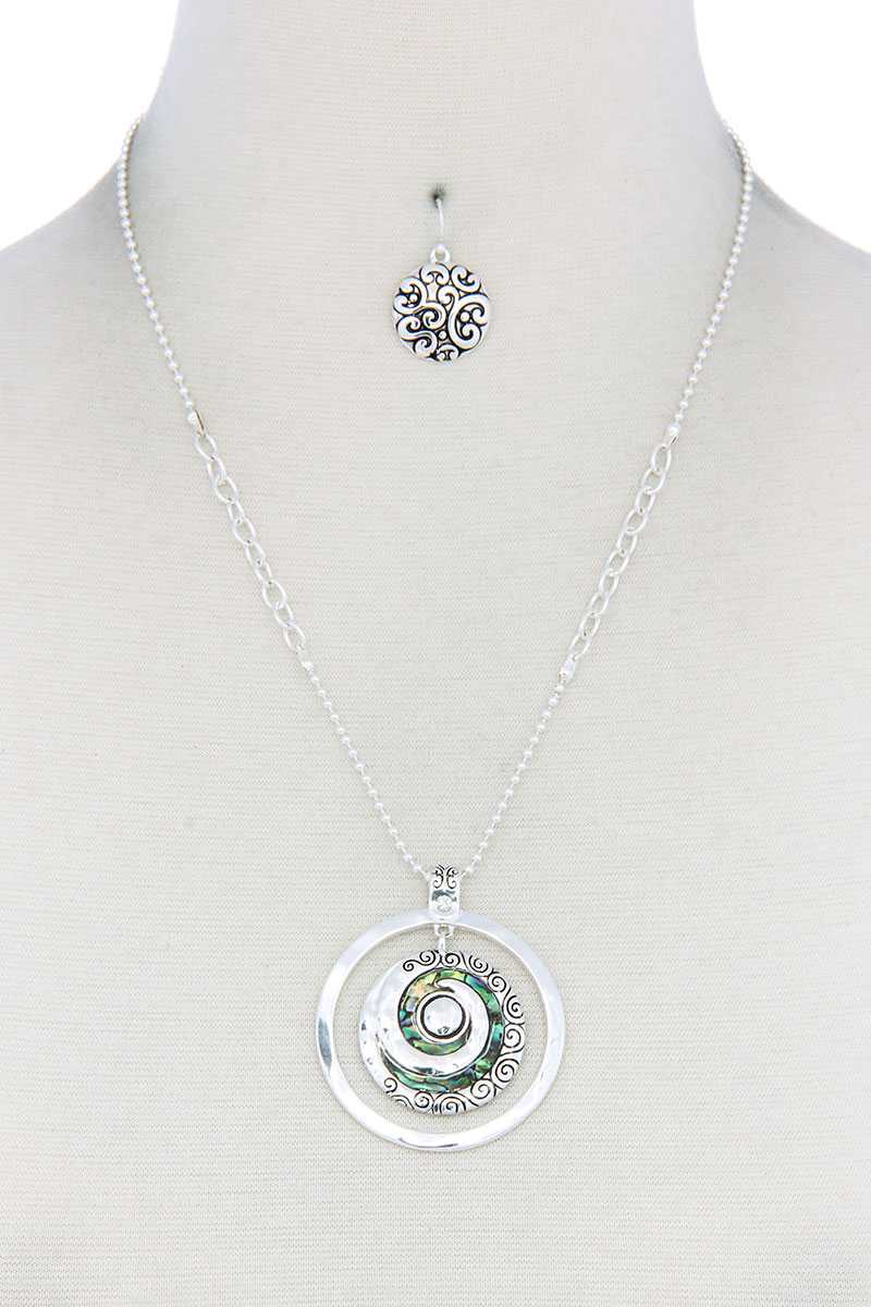 Abalone Swirl Metal Circle Pendant Necklace