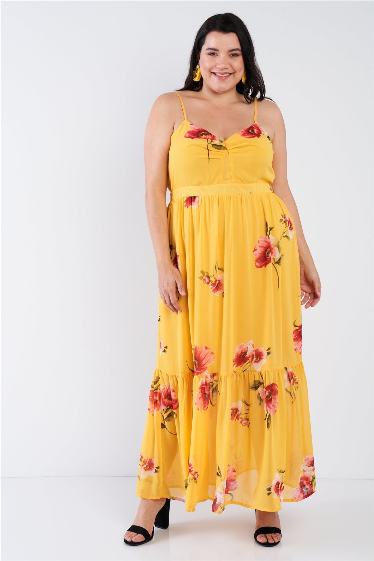 Plus Size Yellow Floral Print Cinched V-neck Tiered Frill Semi-sheer Maxi Dress