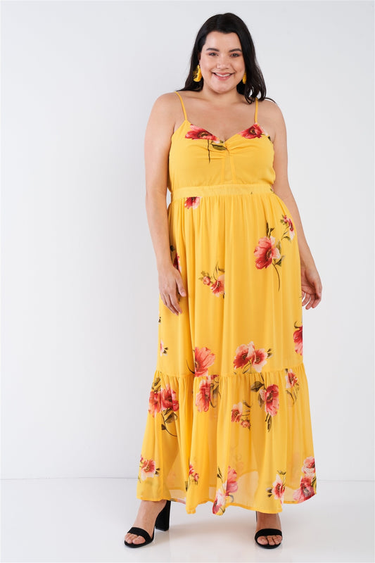 Plus Size Yellow Floral Print Cinched V-neck Tiered Frill Semi-sheer Maxi Dress