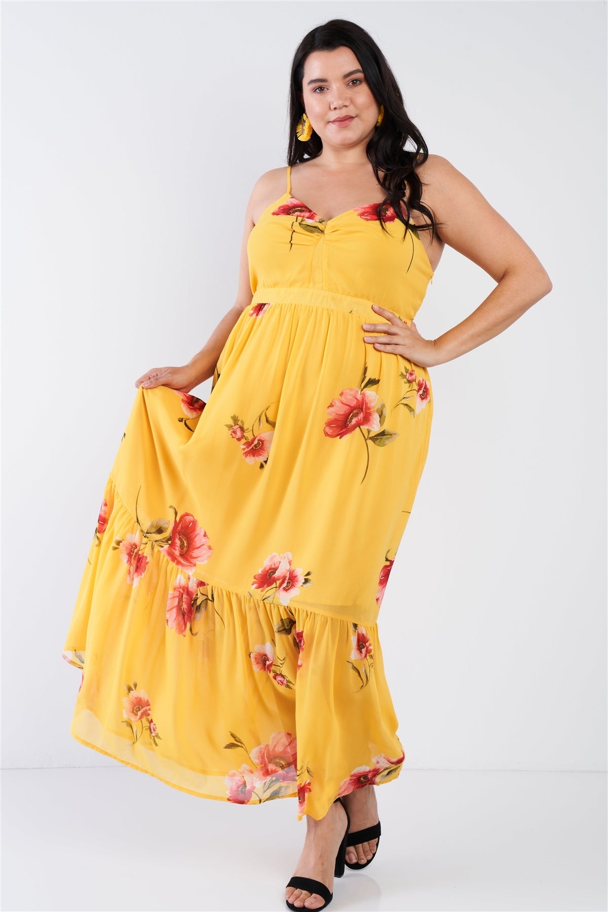 Plus Size Yellow Floral Print Cinched V-neck Tiered Frill Semi-sheer Maxi Dress