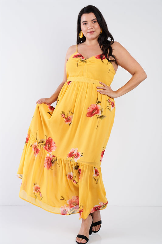 Plus Size Yellow Floral Print Cinched V-neck Tiered Frill Semi-sheer Maxi Dress