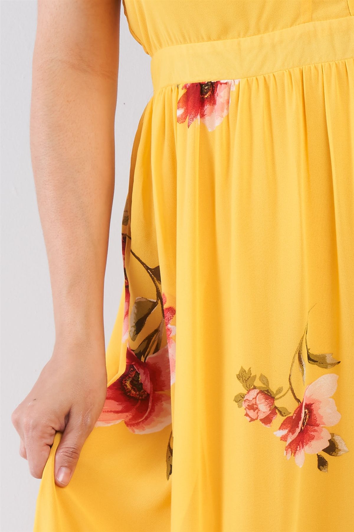 Plus Size Yellow Floral Print Cinched V-neck Tiered Frill Semi-sheer Maxi Dress