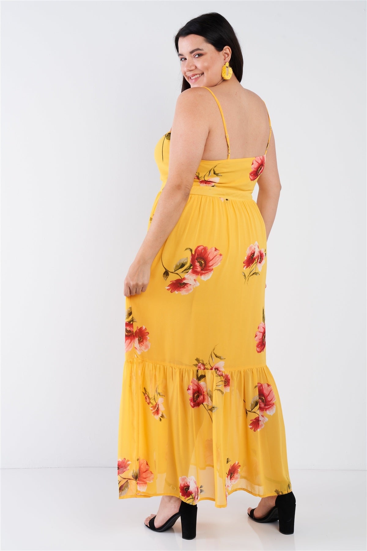 Plus Size Yellow Floral Print Cinched V-neck Tiered Frill Semi-sheer Maxi Dress