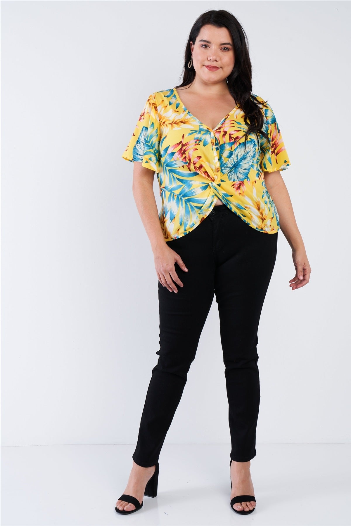 Plus Size Multi Tropical Floral Front Roll Butterfly Sleeve Top