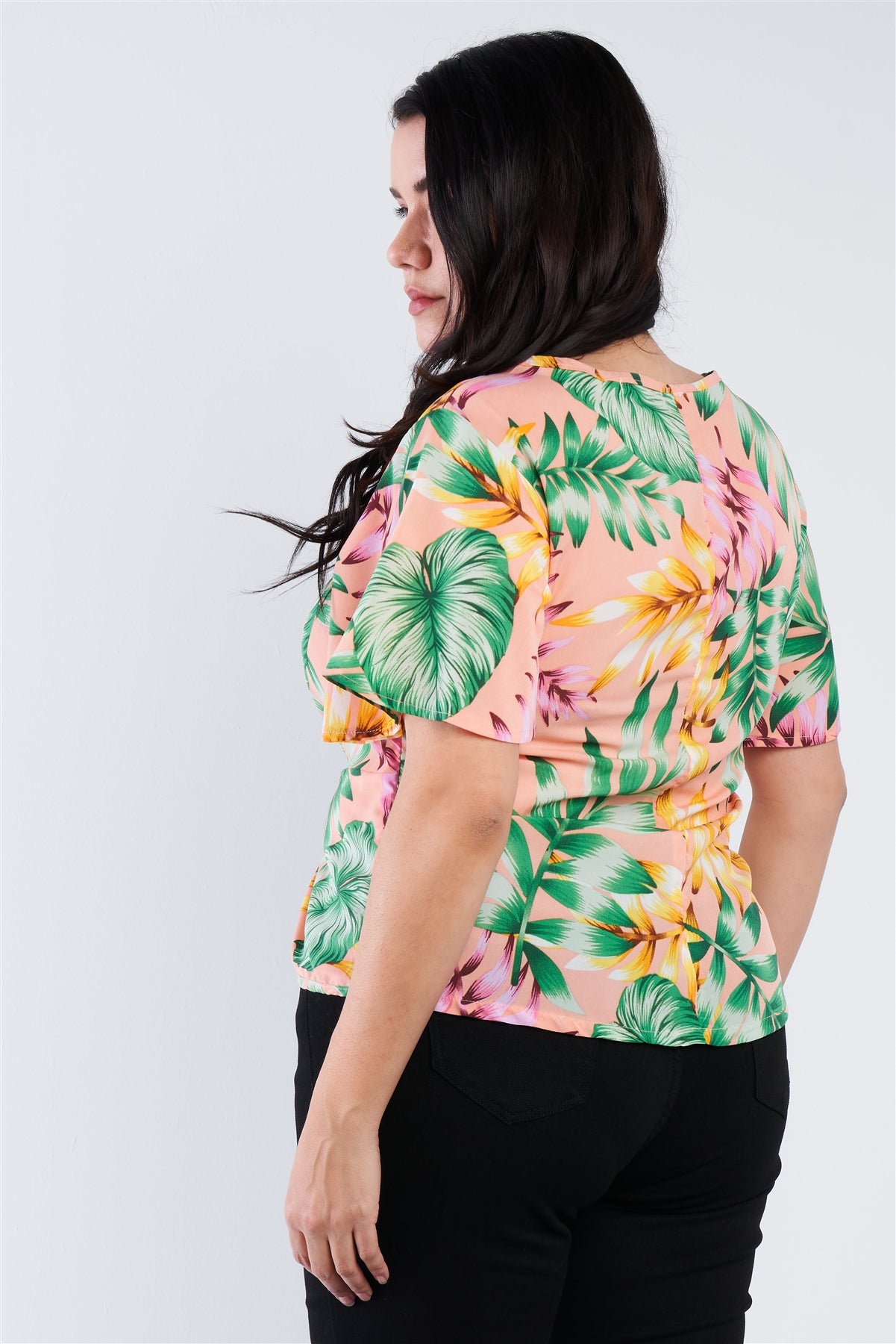 Plus Size Multi Tropical Floral Front Roll Butterfly Sleeve Top